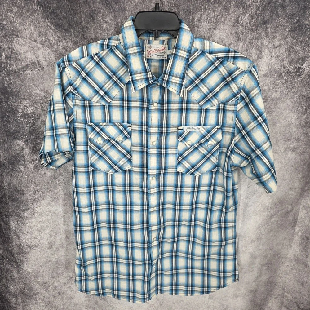 True Religion Western Shirt Mens XL Blue Plaid Pearl Snap Cowboy Rodeo Sawtooth*